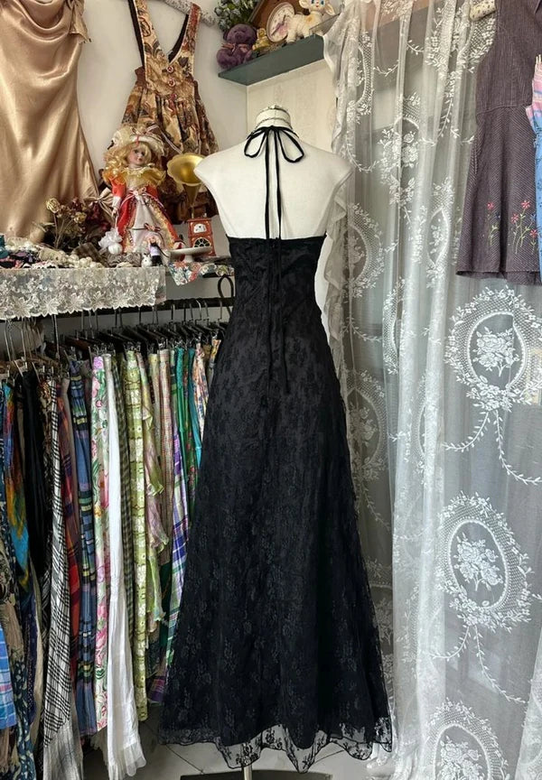 Schwarzes Vintage-Mode-Spitzen-Hosenträger-V-Ausschnitt-langes Ballkleid-Abendkleid-Partykleid nv3623