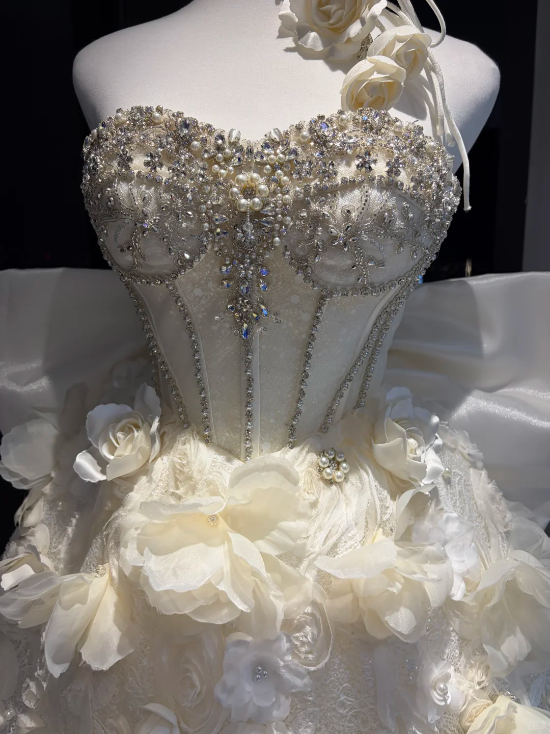 Ivory Strapless Short Corset Formal Gown 3D Floral Rhinestone Pearl Chain Homecoming Dress NV6953