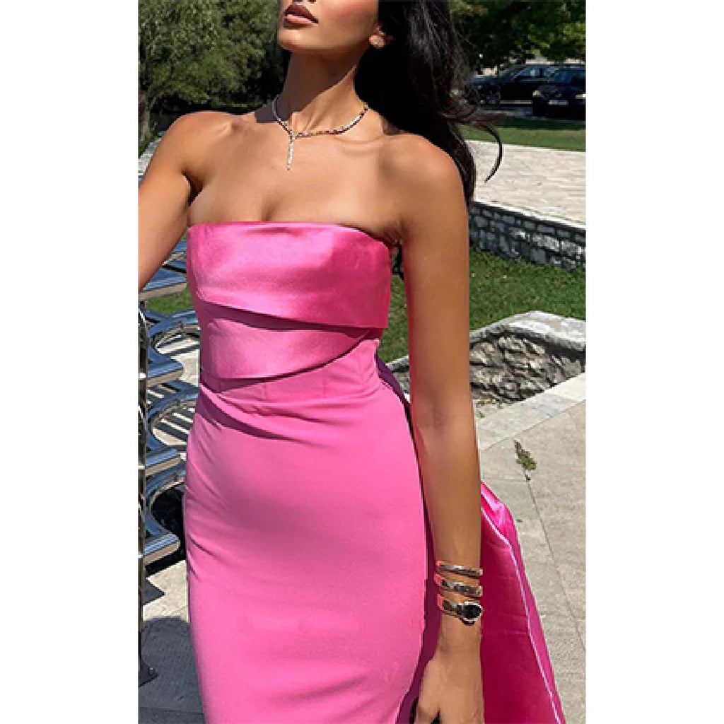 Rosa Elegantes Satin Trägerloses Meerjungfrau Abendkleid Ballkleid mit langer Schleppe nv1949