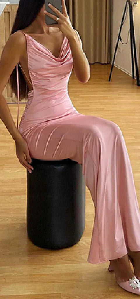 Rosa Elegantes Spaghettiträger V-Ausschnitt Meerjungfrau Satin Perlen Lange Brautjungfernkleider Abendkleid Ballkleid nv1977