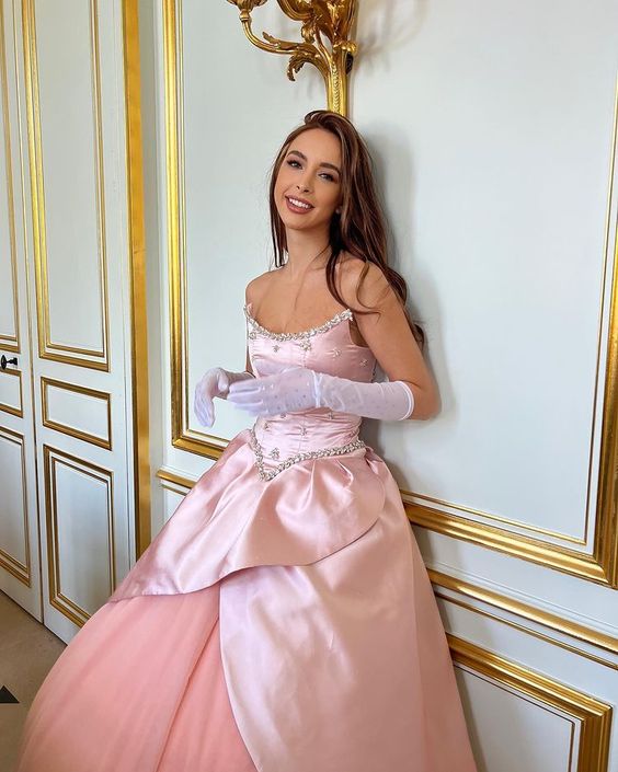 Rosa Wunderschönes Elegantes Süßes Trägerloses Strass Verziertes Langes Satin Ballkleid Abendkleid nv2766