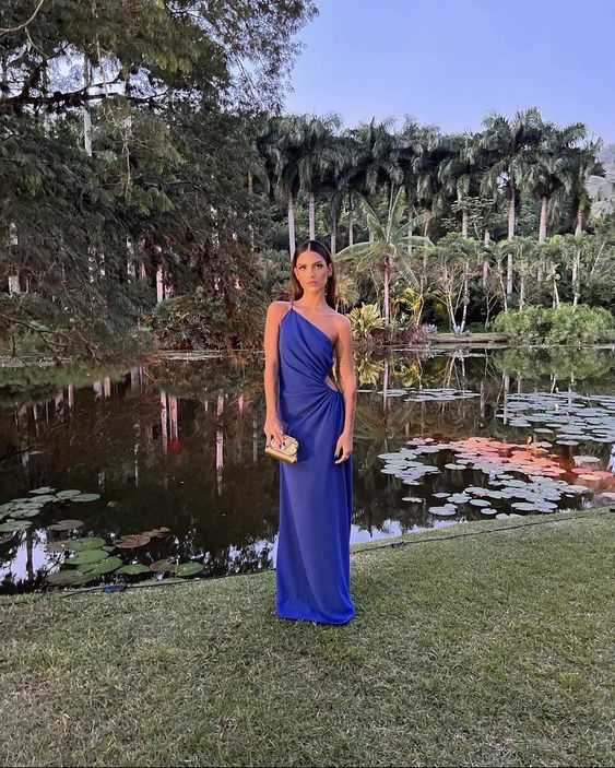 Blau Sexy One-Shoulder A-Linie Ärmellos Langes Abendkleid Ballkleid Partykleid nv2497