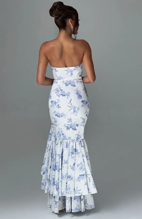 Modisches, schulterfreies, ärmelloses Meerjungfrauen-Abendkleid mit Fischschwanz und Blumenmuster, Ballkleid, Partykleid nv1944