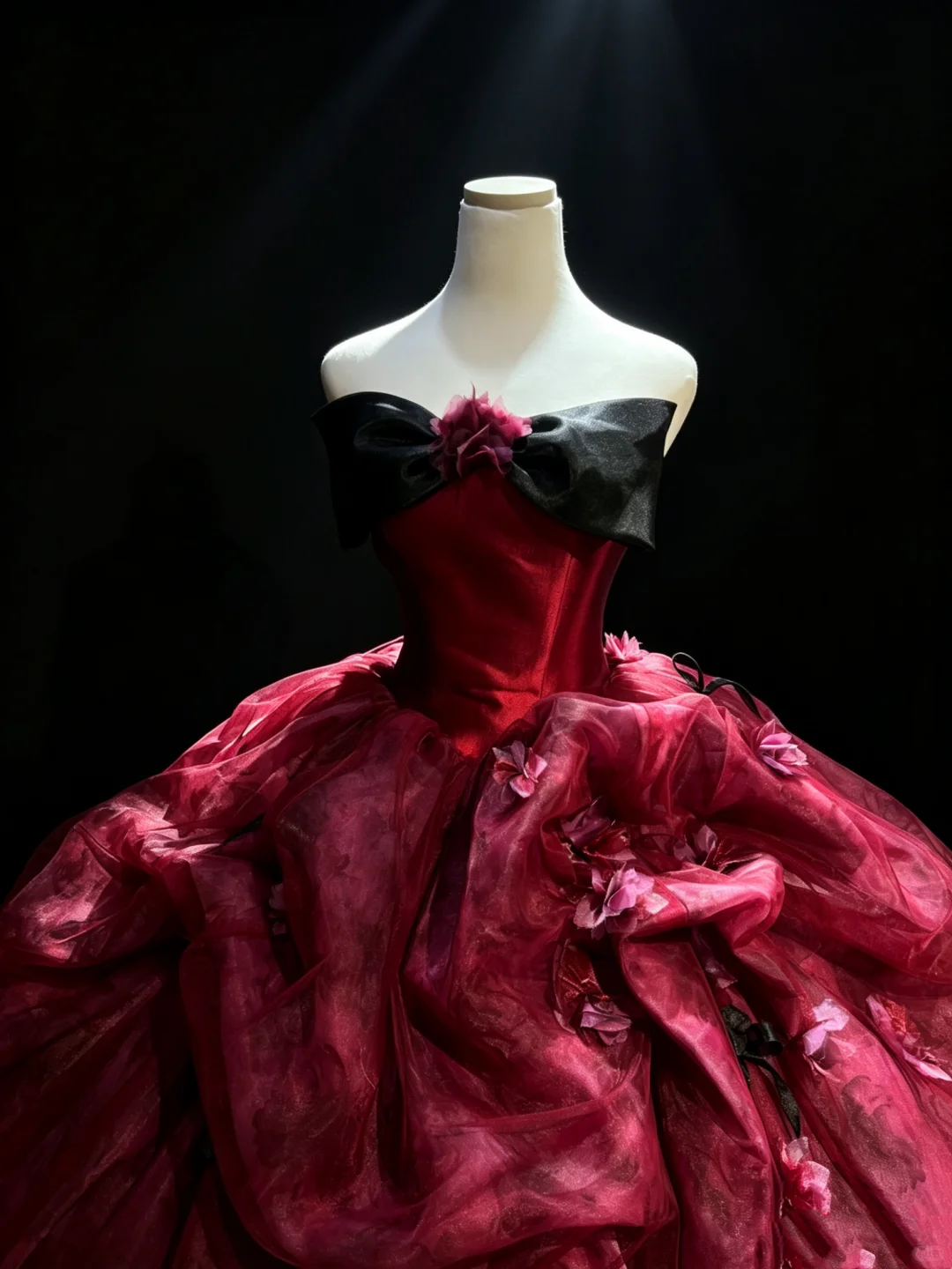 Burgundy Strapless Vintage Princess Ball Gown Black Bow 3D Flowers Printed Organza Long Evening Gown NV7010