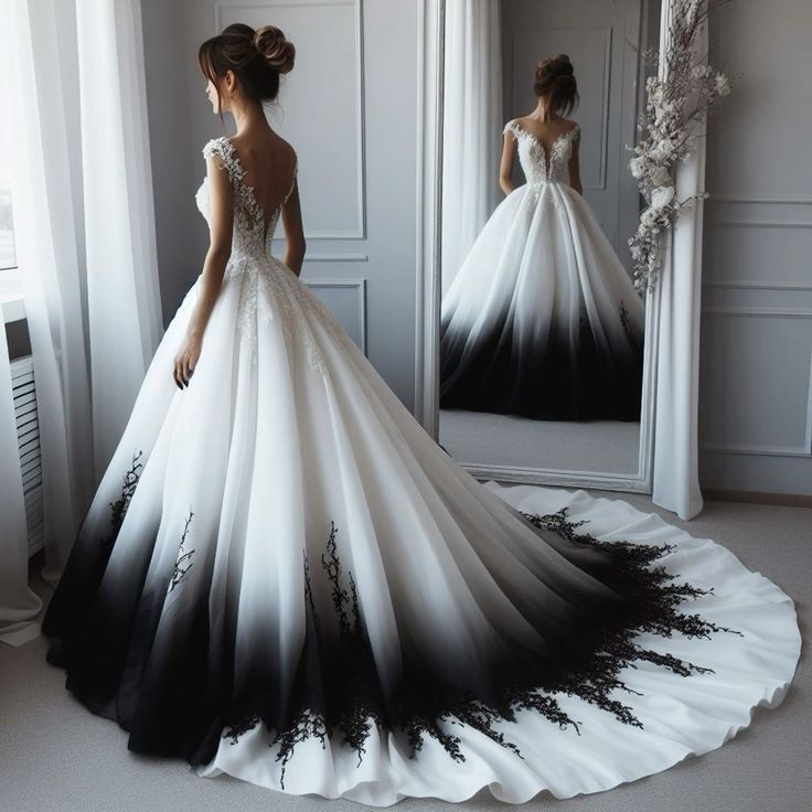 Wunderschönes, exquisites, elegantes weißes Spitzen-, schwarzes Farbverlauf-, langes Tüll-Ballkleid, Abendkleid, Hochzeitskleid NV3363