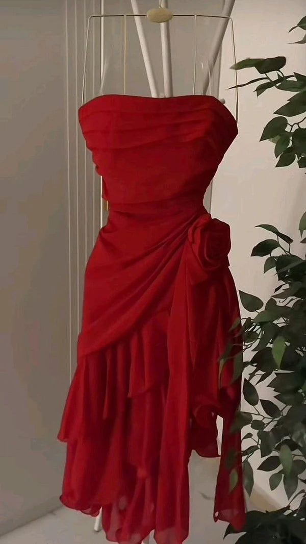 Wunderschönes langes rotes Chiffon-Heimkehrkleid mit Rüschen, nv4820