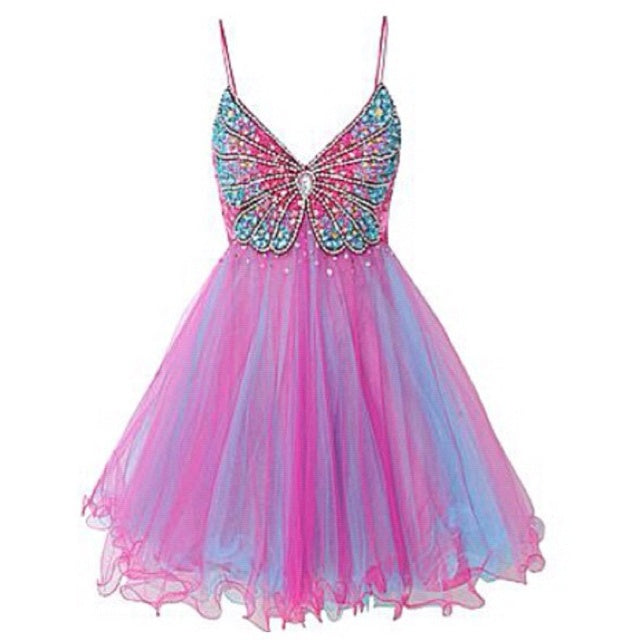 Rosa Mode Gradienten Schmetterling Perlen Kurze Chiffon Fantasie Fee Homecoming Kleid Geburtstag Party Kleid nv5192