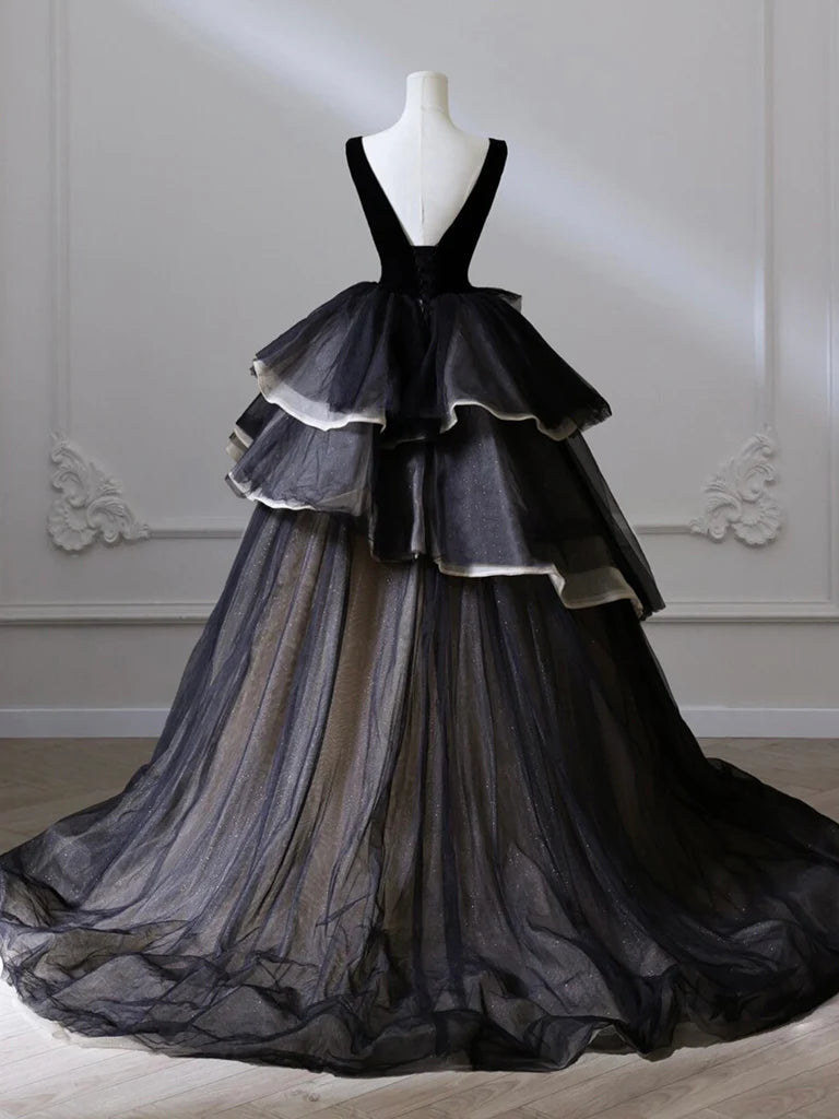 Schwarz-weißes V-Ausschnitt-Dekolleté aus Tüllsamt, lang, gestuftes Ballkleid, Abendkleid, Partykleid nv2607