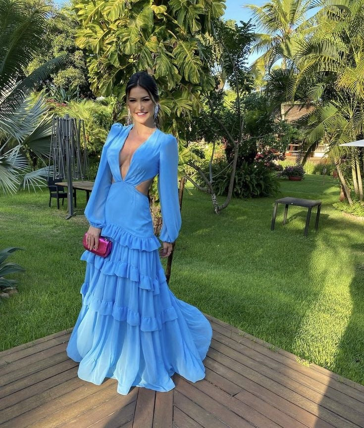 Blau Mode Elegante V-ausschnitt Lange Ärmel Lange Chiffon Rüschen Ballkleid Abendkleid Party Kleid nv3509