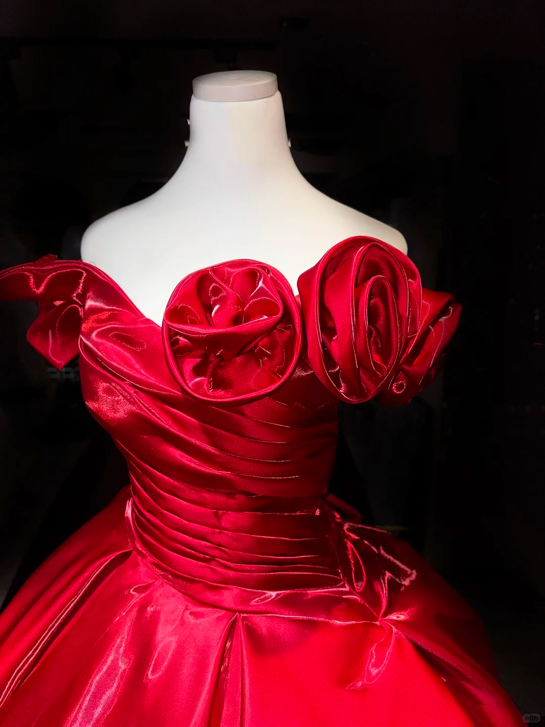 Off Shoulder Bright Red Satin Prom Dress 3D Rose Ruching Glossy Ball Gown NV6983