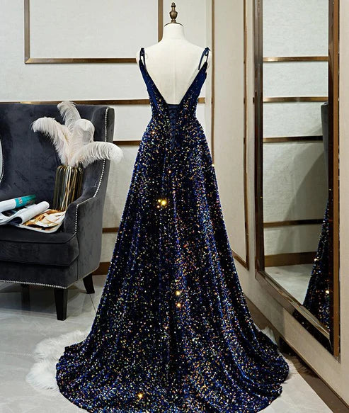 Schwarzes, glänzendes, elegantes, langes A-Linien-Abendkleid mit Schleife hinten, Ballkleid, Partykleid, nv4173