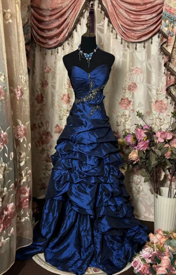 NiceVestidos – Königsblaues, perlenbesetztes, trägerloses, ärmelloses, bodenlanges Vintage-Abendkleid aus Satin mit Perlenbesatz NV6196