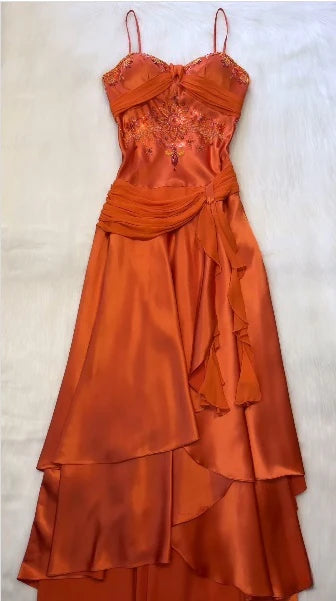 NiceVestidos--Orange Satin Embroidered Spaghetti Strap Prom Dress NV5759