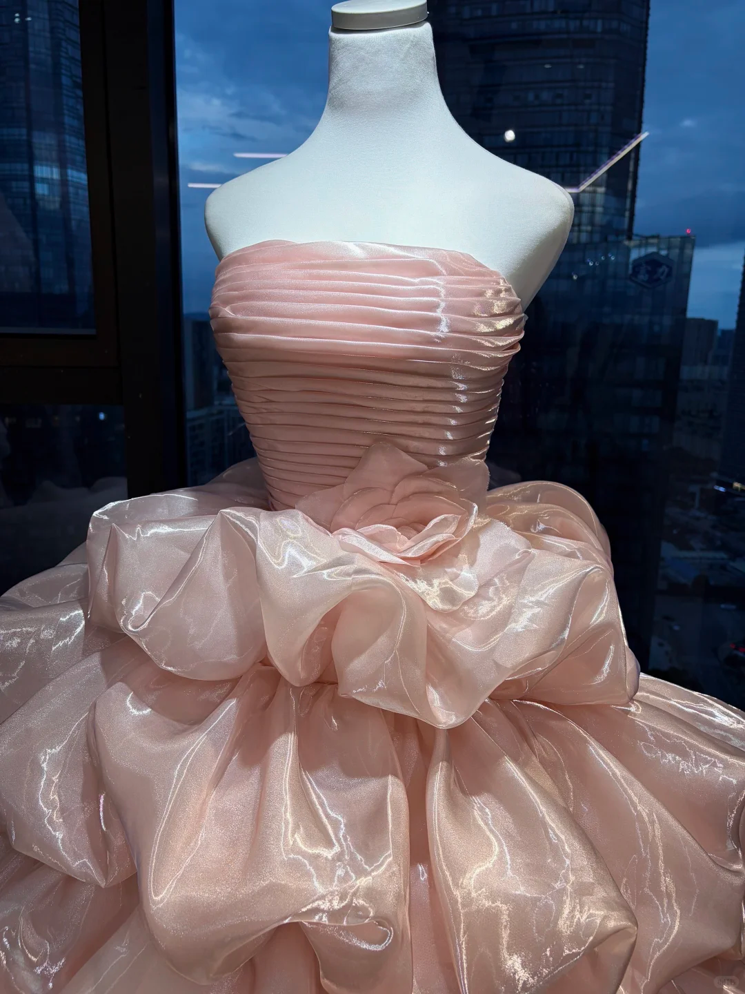 Strapless Blush Pink Ball Gown Pleated Bodice Tiered Bubble Shiny Organza Prom Dress NV7034