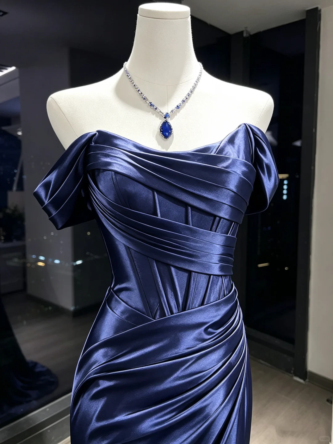 Navy Blue Off Shoulder Satin Mermaid Dress Ruched Corset High Slit Long Train Formal Prom Gown NV6940