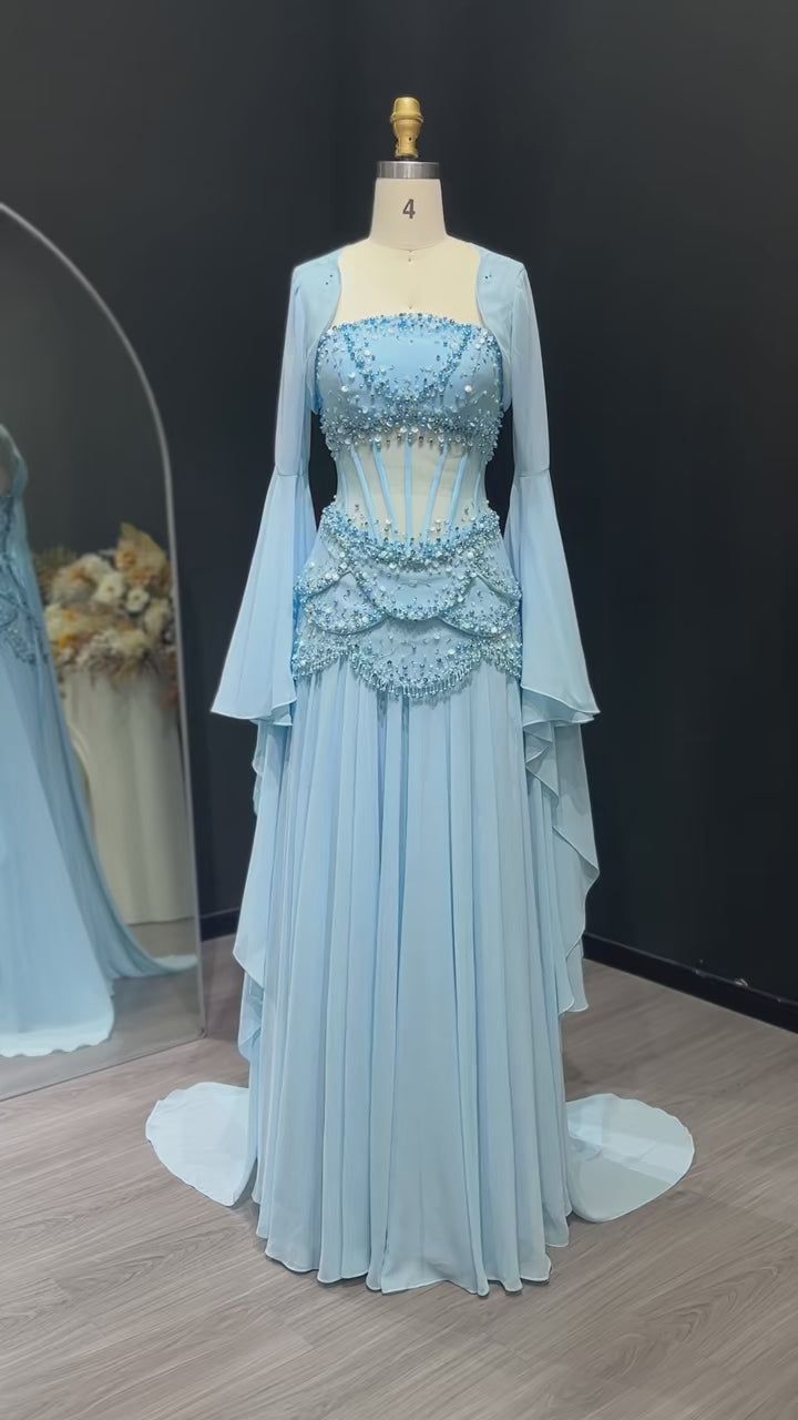 Fairy Luxury Court Style Hellblaues, perlenbesetztes, transparentes Abendkleid mit Schleppe – Hochzeits- und Ballkleid im Ozean-Stil NV6382