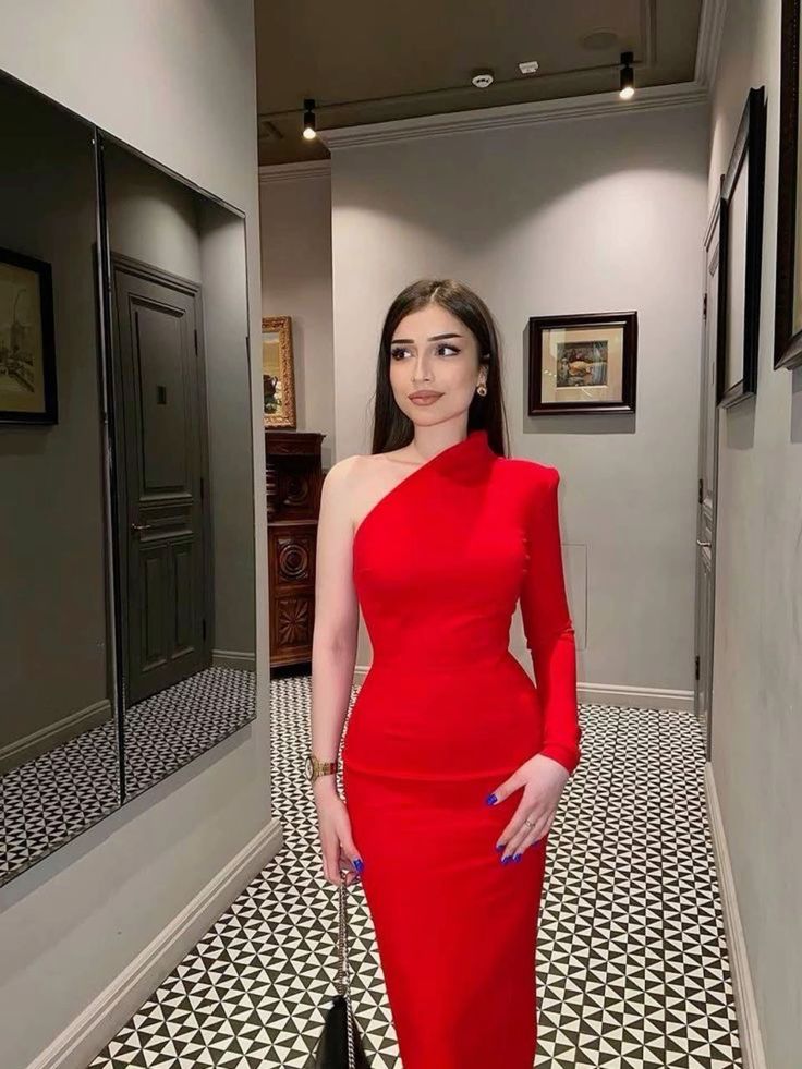 Rotes schlichtes und elegantes One-Shoulder-Off-Shoulder-Langarm-Ballkleid-Abendkleid-Partykleid nv2498