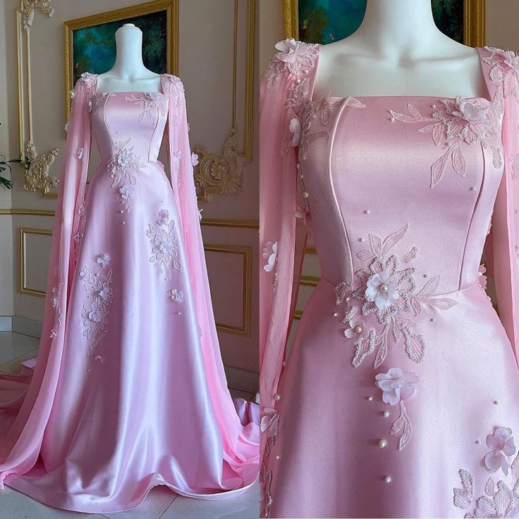 Rosa Wunderschöne Exquisite Blumenapplikationen Perlen Elegante Mode Lange Satin Bodenlange Schleppe Ballkleid Abendkleid Ballkleid nv3844
