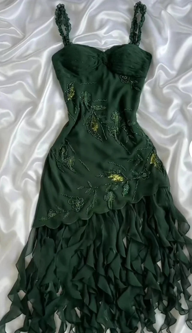 Dunkelgrünes Chiffon-Rüschen-Kurz-/Lang-Heimkehrkleid, Ballkleid, formelles Kleid, Abendkleid, NV4491