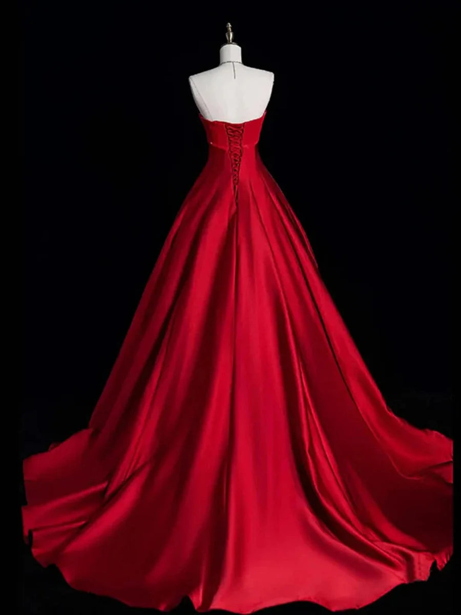 Rotes A-Linien-Kleid aus Satin mit schulterfreier Spitze und Schleife, Partykleid, Abendkleid, NV4281