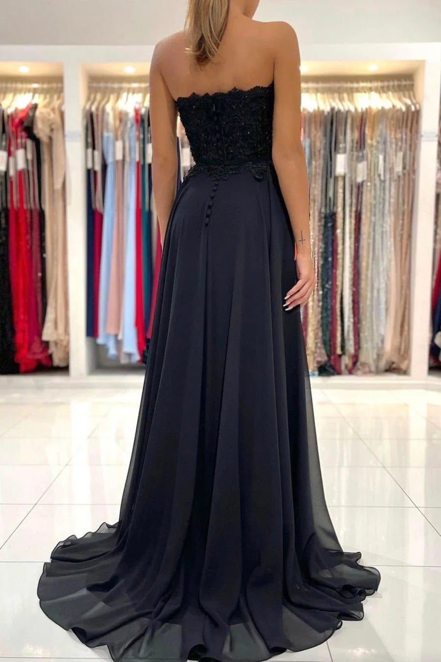 Schwarzes langes Ballkleid aus Chiffon und Spitze, trägerloses Abendkleid in A-Linie, nv1464