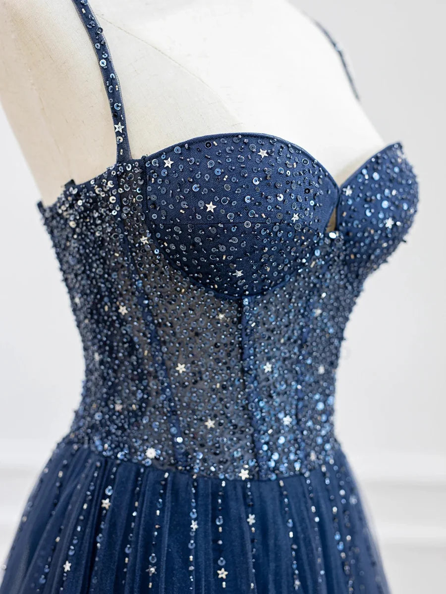 Blaues langes Ballkleid mit Spaghettiträgern und Pailletten aus Tüll, wunderschönes Abend- und Partykleid in A-Linie, nv1424
