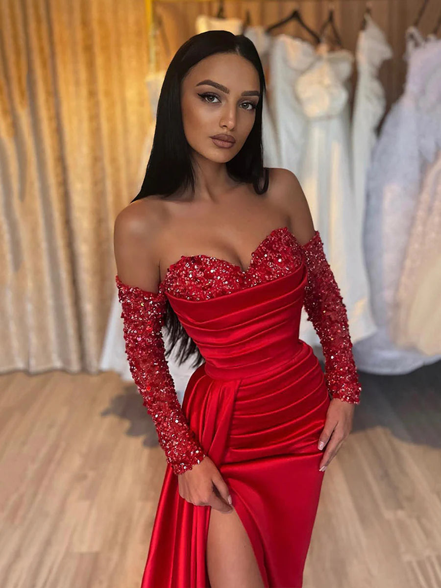 Rotes Etui-Ballkleid mit herzförmigem Ausschnitt und Pailletten, lange Ärmel, rotes Abendkleid nv1438