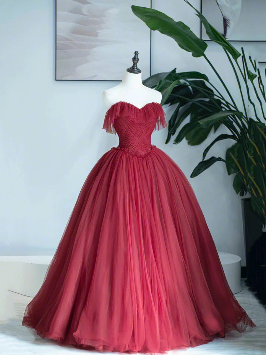 Burgunderrotes langes Abendkleid mit herzförmigem Ausschnitt, trägerloses A-Linien-Abendkleid nv1586