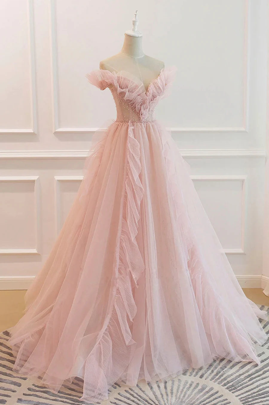 Lange Ballkleider aus rosa Tüll, A-Linien-Abschlusskleider nv1457