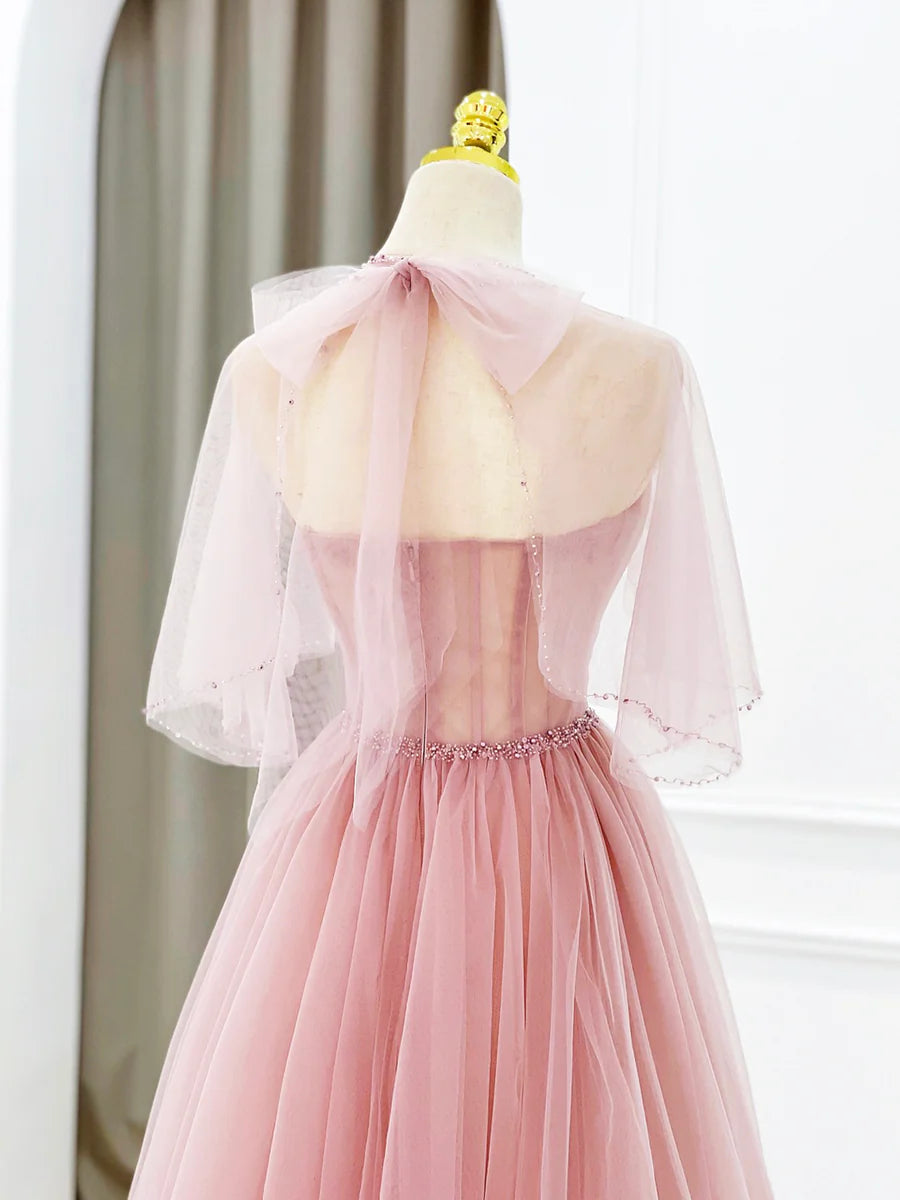 Langes Ballkleid aus rosa Tüll mit Perlen, hübsches Abendkleid in A-Linie, nv1582