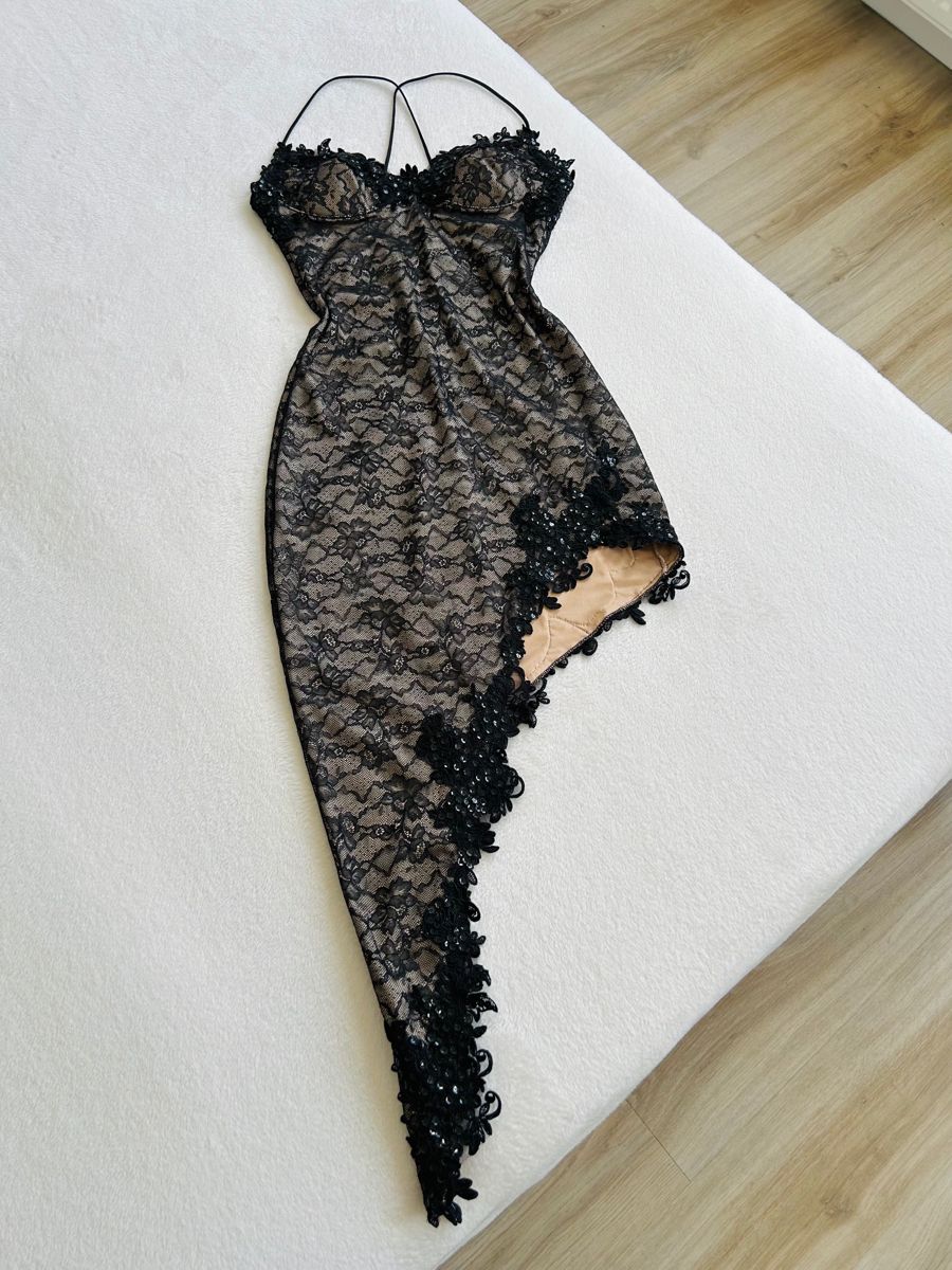 Robe de soirée courte en mousseline de soie et dentelle noire, robe de bal d'anniversaire, nv5366