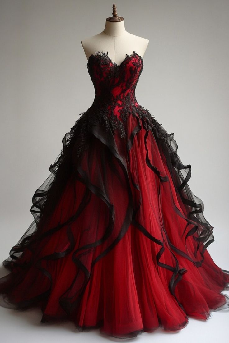 Robe de bal NiceVestidos - Rouge et noire, en tulle et dentelle à panneaux, sans bretelles, longue traîne, sans manches, NV6188