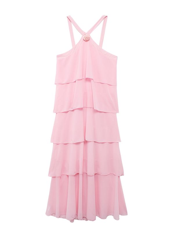 Rosa Mode Süße Nette Lange Tiered Rüschen Chiffon Bodenlangen Ballkleid Abendkleid Partykleid Ballkleid 22. Geburtstag Anzug nv3904