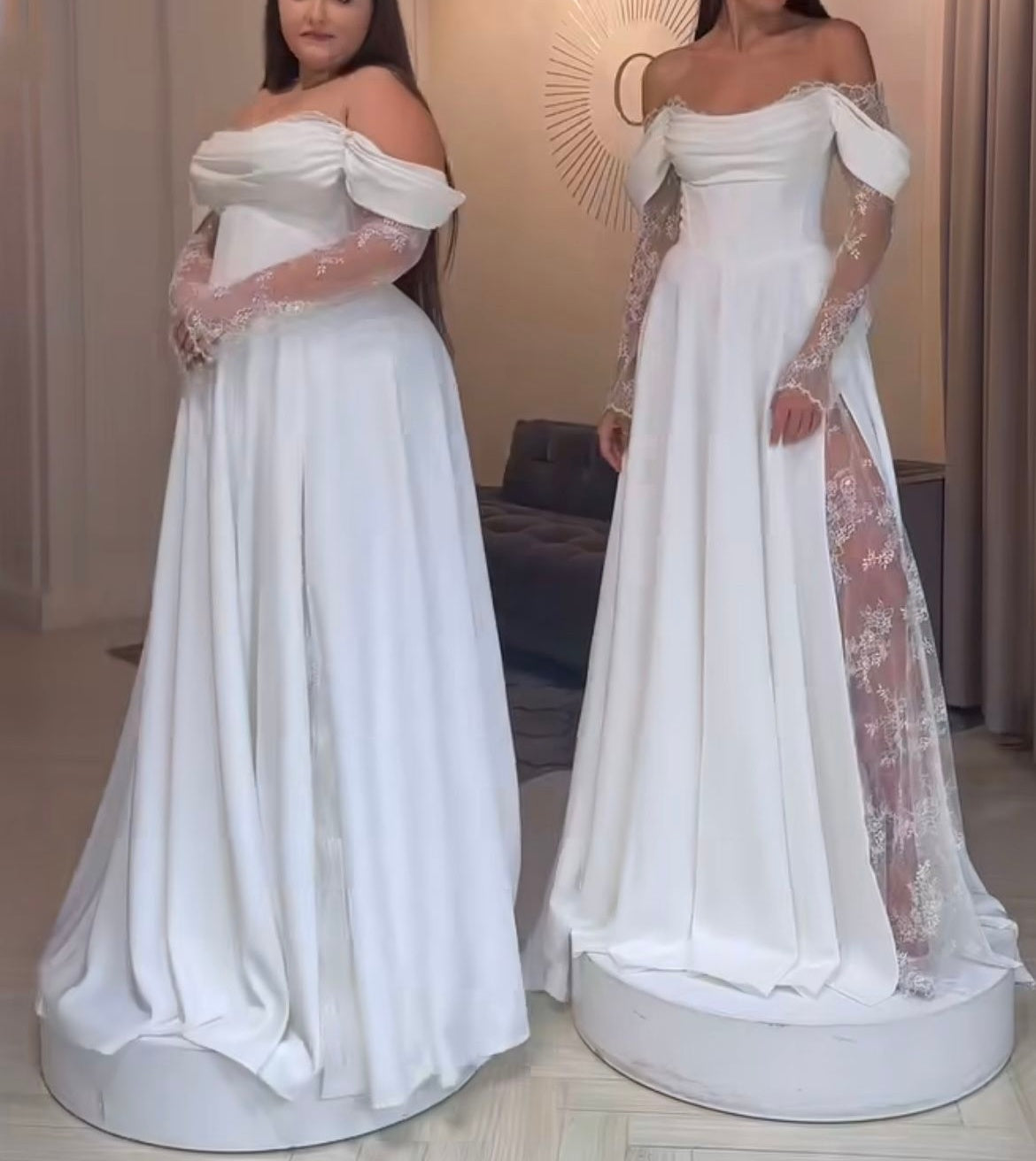 Cream Satin Off-the-Shoulder Lace Sleeve Slit Floor-Length Elegant Wedding Dress NV6232