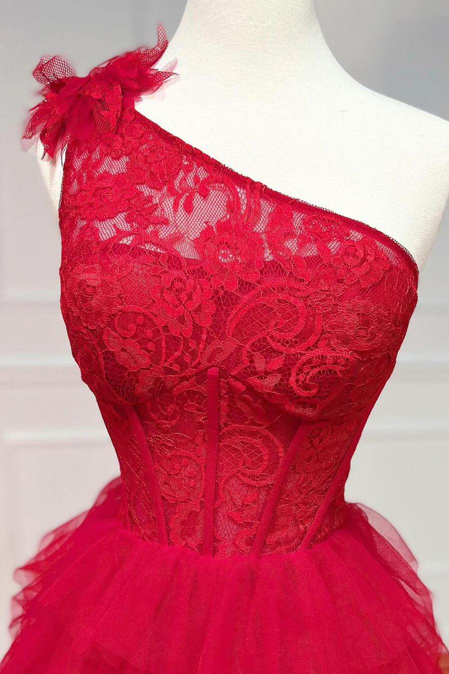 Red Tulle Lace Long Prom Dresses, One Shoulder Evening Dresses nv1543