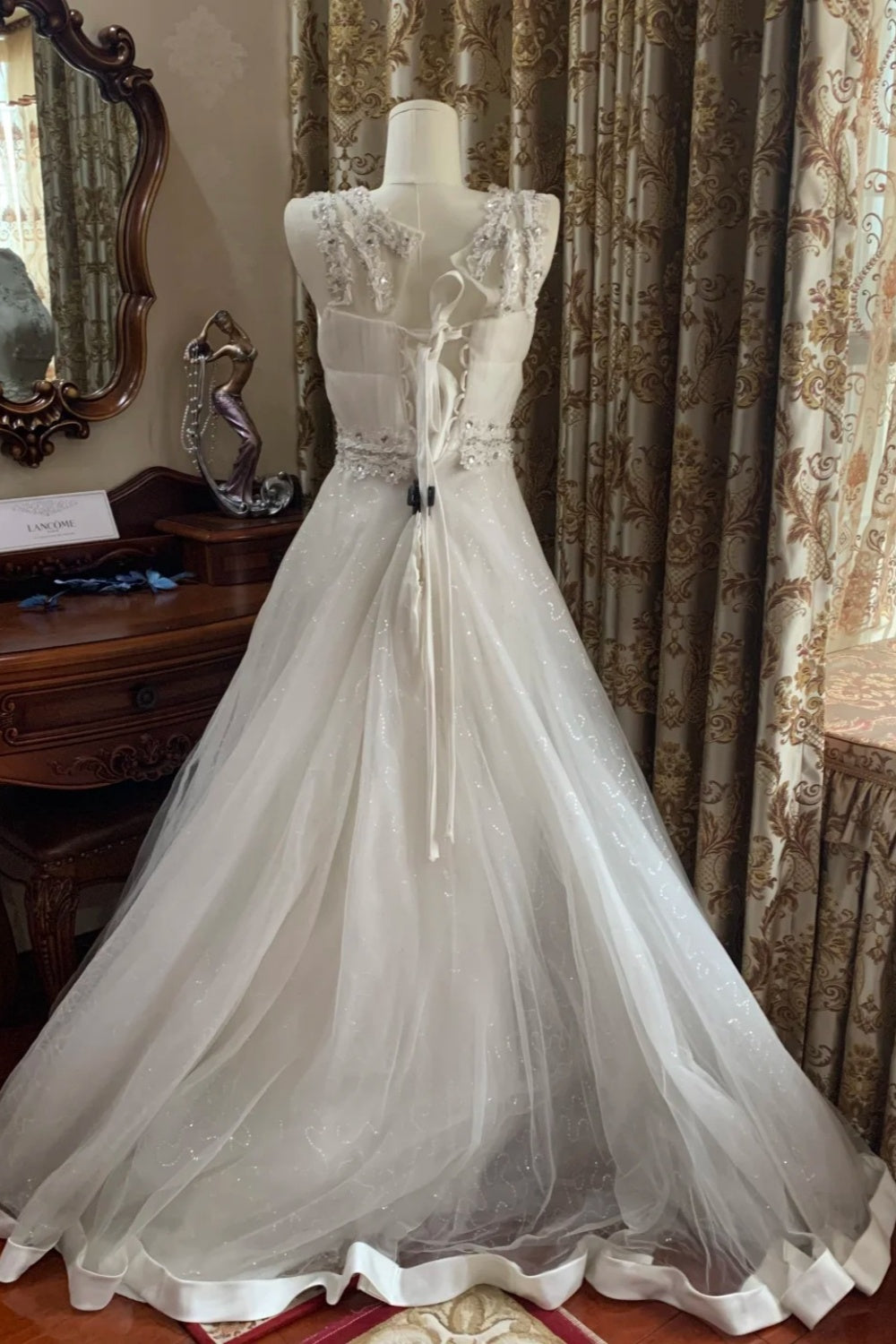 Starry Luxury Style White Beaded V-Neck Sleeveless Train Ballgown Wedding Dress NV6365