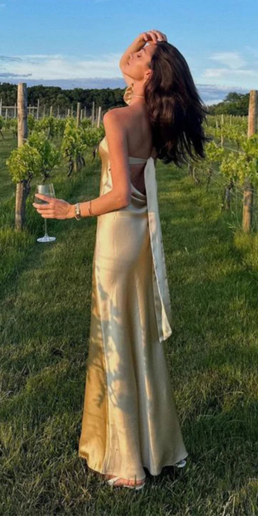 Champagner Elegantes und Modisches Ärmelloses Herzausschnitt Meerjungfrau Schlank Satin Langes Abendkleid Ballkleid nv3804