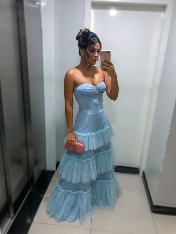 Blaues elegantes herzförmiges langes Tüll-Ballkleid mit Lagenmuster, Abendkleid für die Herbst-Brautparty, Outfit für Gäste, nv2653