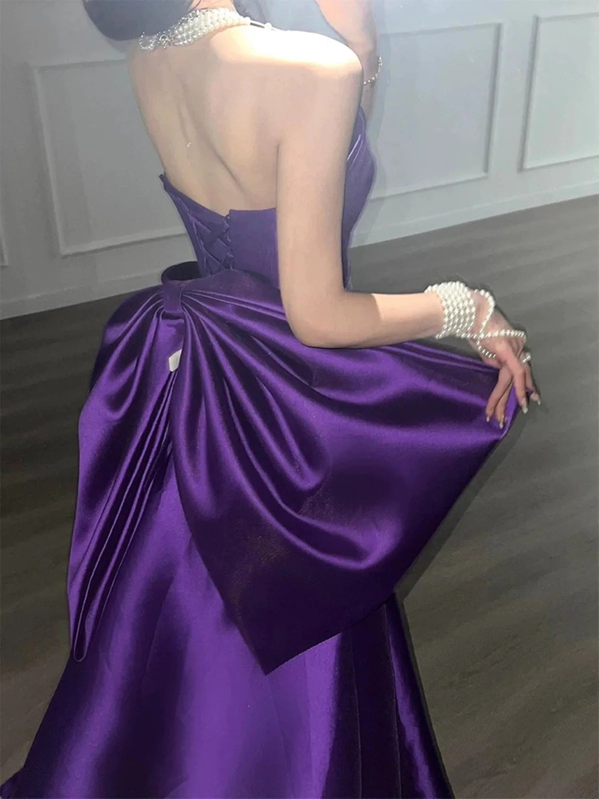 Lila Elegante Mode Rundhals A-Linie Bodenlangen Langes Partykleid Satin Bowknot Langes Ballkleid Abendkleid nv3845