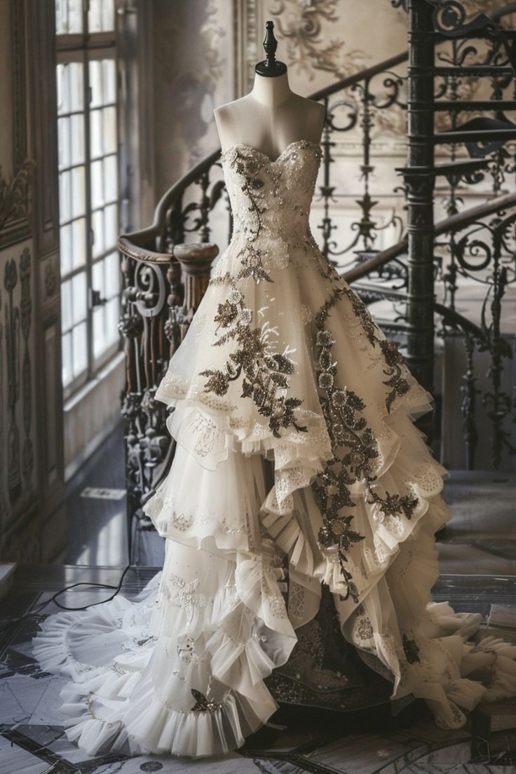 Weißes, elegantes, exquisites, florales Ballkleid mit langen Tüllapplikationen, NV3359