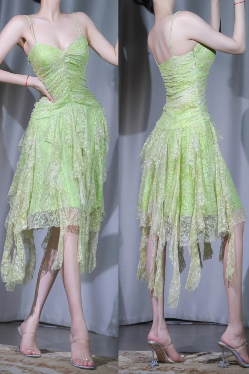 Mint Mambo Green Lace Cami Cocktail Dress, Asymmetric Hem Evening Dress , Fairycore Date Dress NV6846