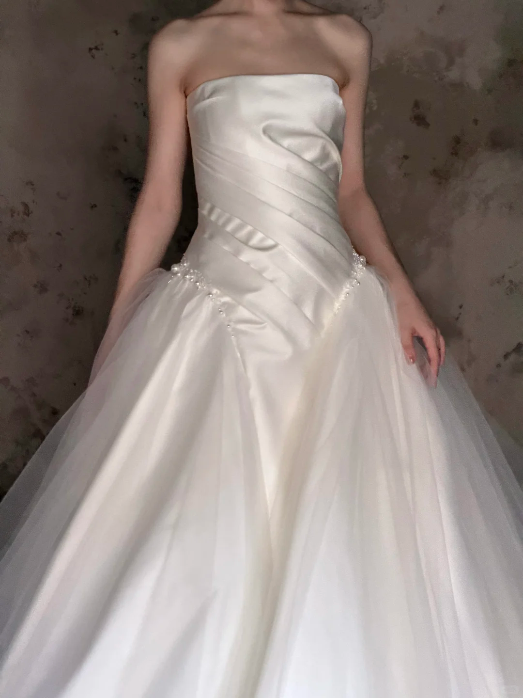 Ivory Strapless Satin Tulle A-Line Wedding Gown with Beaded Waist NV7191