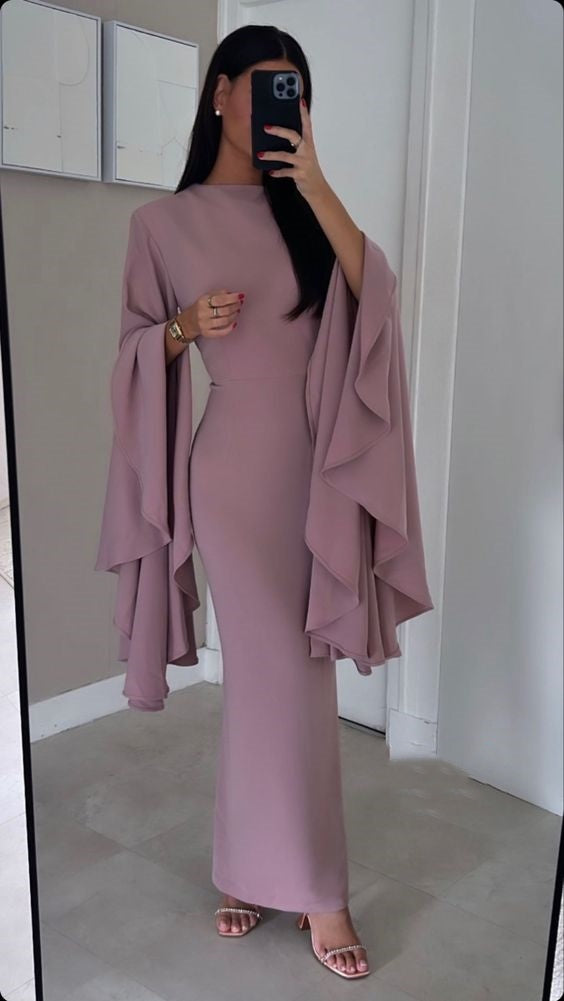Robe de soirée longue à volants, couleur pure, simple et élégante, à manches longues, robe de bal, robe de soirée, nv2491