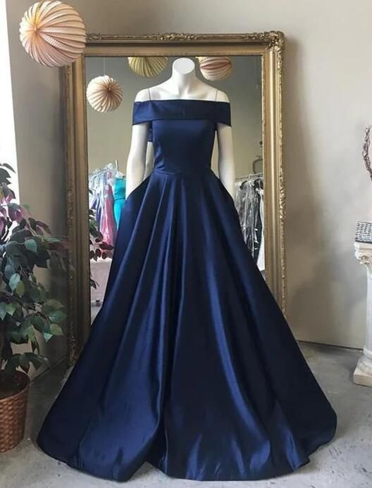 Dunkelblaues schlichtes, elegantes, langes Ballkleid aus Satin, NV3114