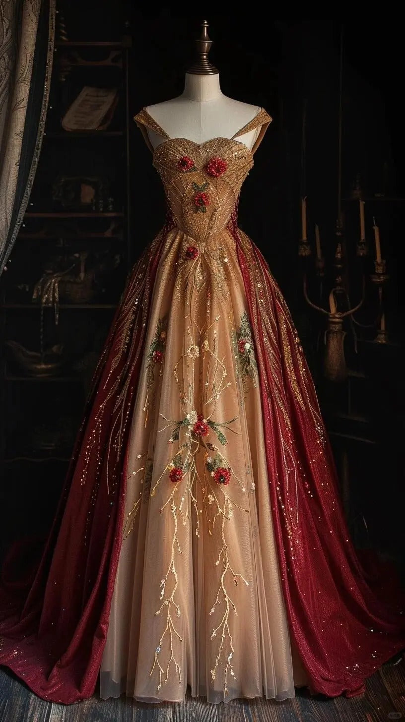 Abendkleid mit Blumenmuster, Burgunderrot und Gold, glänzend, elegant, lang, Tüll, Ballkleid, nv4917