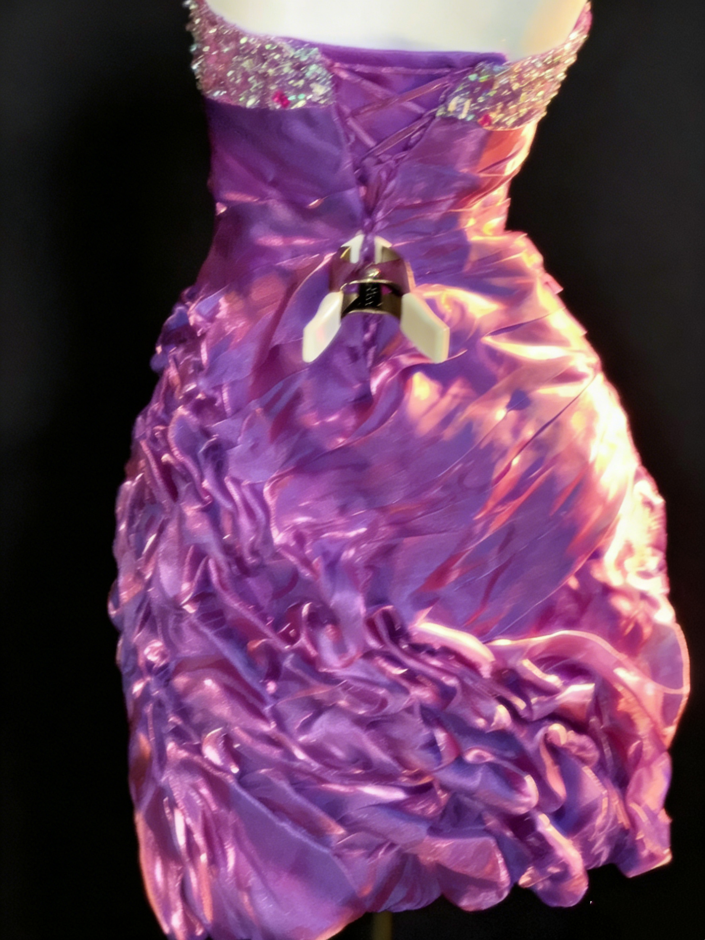 Iridescent Purple Bow Strapless Mini Dress - Pleated Satin Luxury Gown NV6762