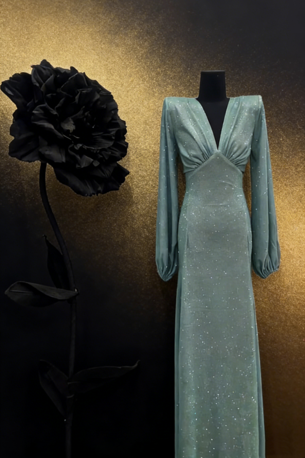 Green Shimmer V-Neck Gown - Fresh Ethereal Puff Sleeve Slim Maxi Dress NV6798