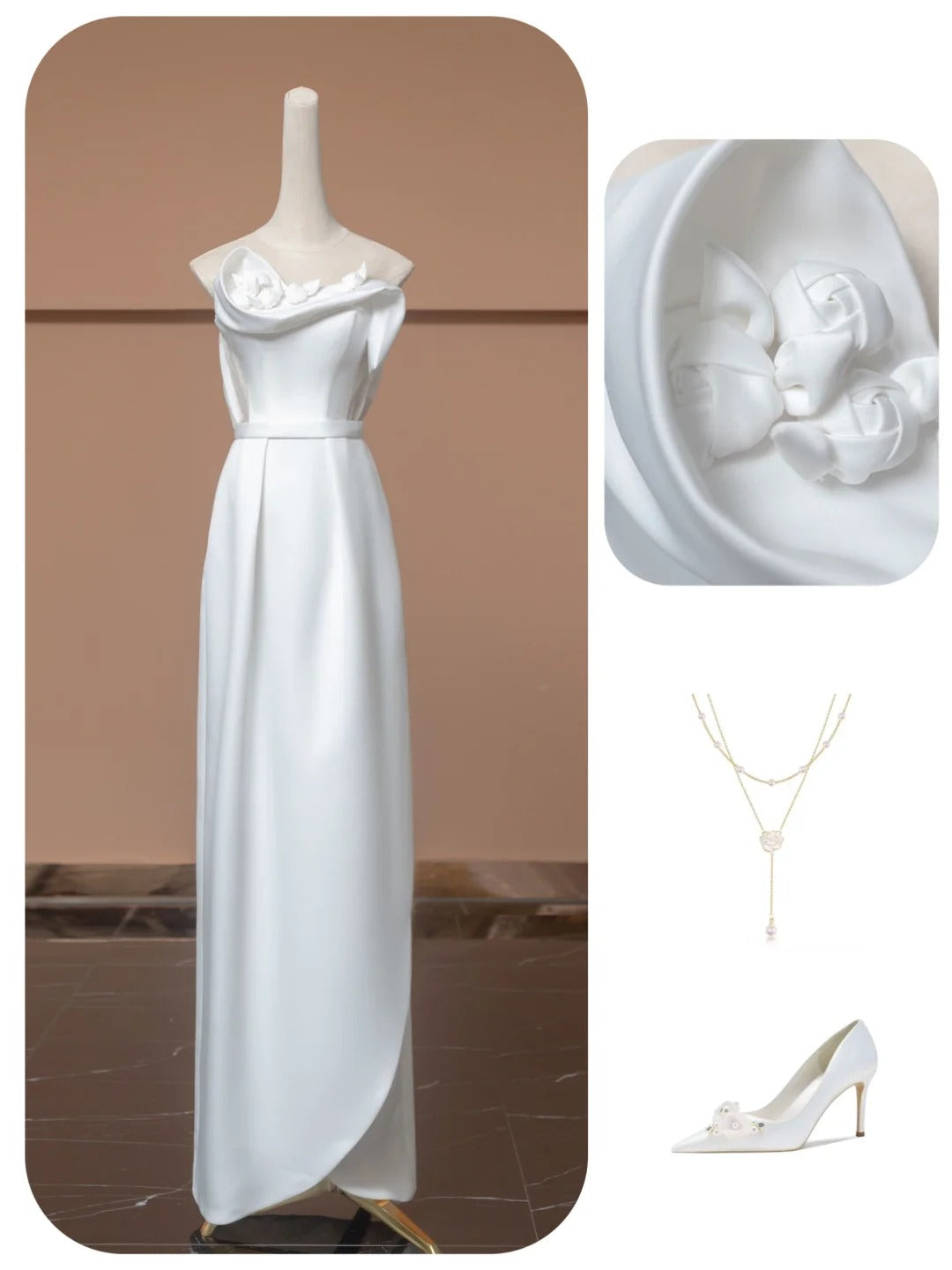 Weißes Blumenmuster, modisch, elegant, lang, Satin, Ballkleid, Abendkleid, Partykleid, nv4735