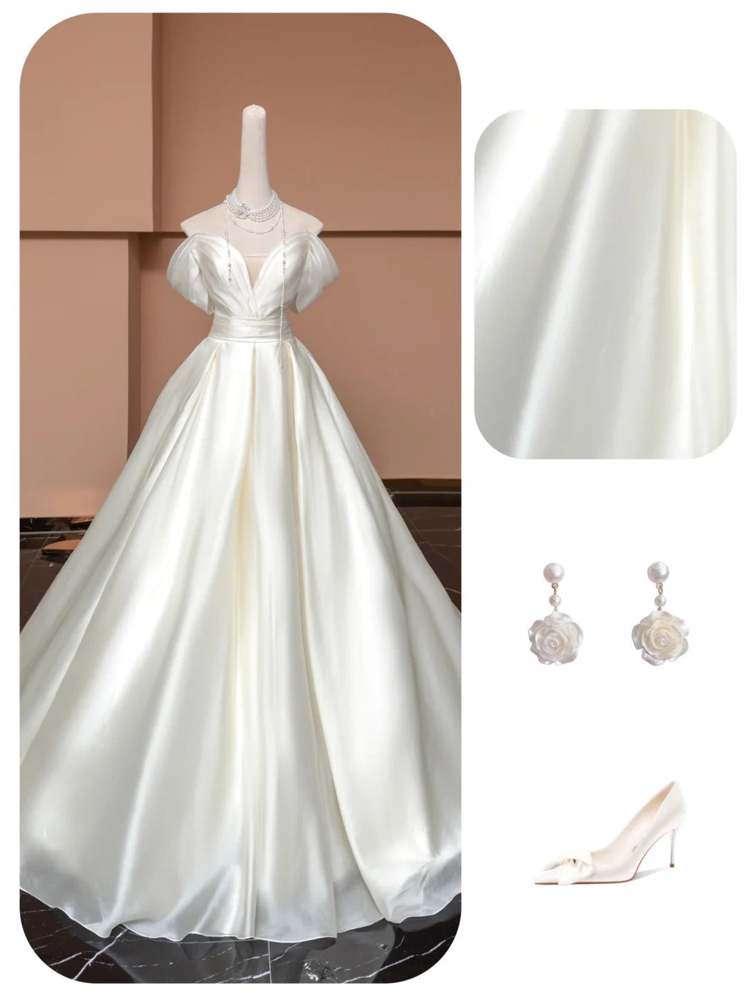 Elfenbeinweißes, elegantes, langes Satin-Ballkleid, Abendkleid, Partykleid, nv4736