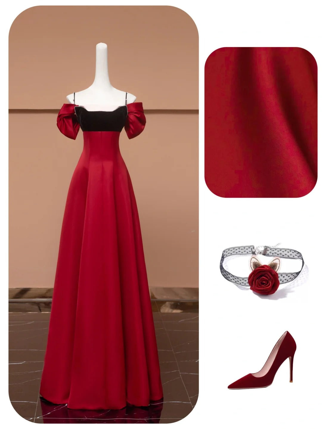 Rot Schwarz Spaghettiträger Elegante Mode Lange Satin Ballkleid Abendkleid Partykleid nv4739